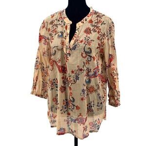 Dolma Womens Floral Split Neck Hi-Low Cotton Blouse Top Beige‎ Multi Small NWT